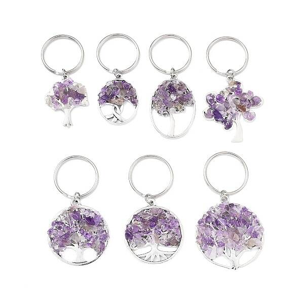 Natural Amethyst Chip & Alloy Tree of Life Pendant Keychain