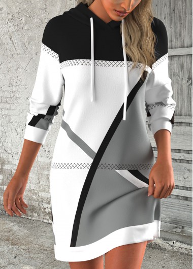 Modlily Black Breathable Geometric Print Short Long Sleeve Hoodie Dress - XL