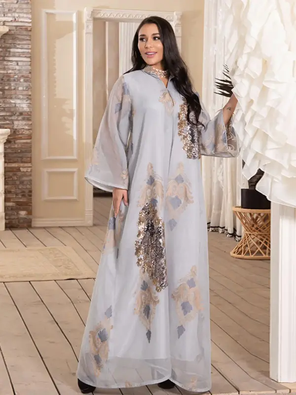 Women's Embroidery Sequins Abaya, Elegant Long Sleeve Open Front Maxi Muslim Dress for Party Wedding Guest, Ladies Islamic Cl...