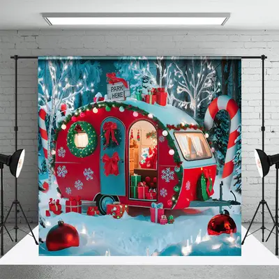 Festive Red Camper Van Forest Merry Xmas Backdrop - Aperturee