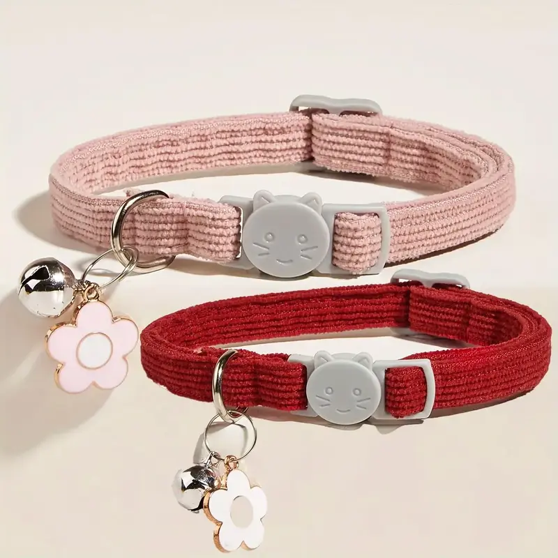 Cute Cat Collar with Bell & Flower Pendant, 2 Counts/set Adjustable Pet Collar with Safety Buckle, Pet Supplies for Small Cat...
