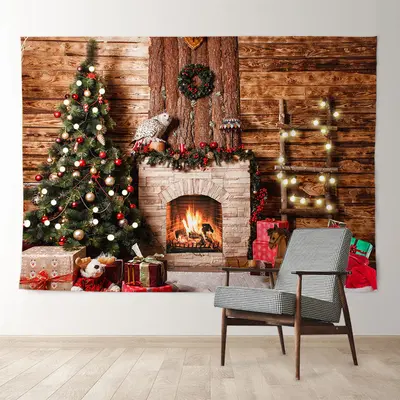 Aperturee Vintage Wooden Fireplace Tree Christmas Backdrop