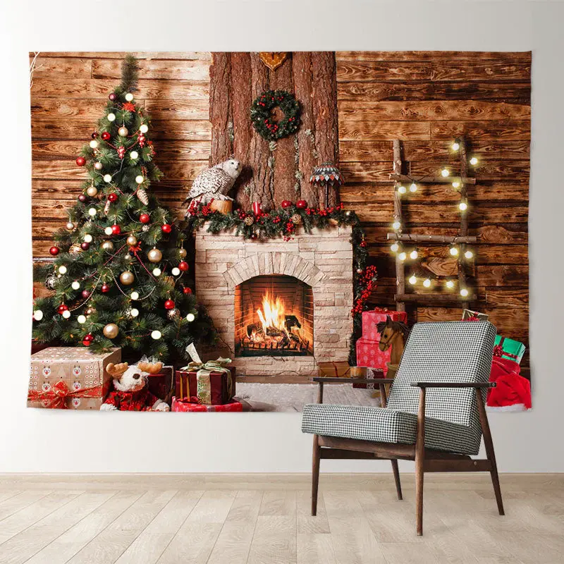Aperturee Vintage Wooden Fireplace Tree Christmas Backdrop