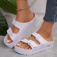 Womens Thick Sole Round Toe Sandals Fashion Waterproof Adjustable Double Buckle Beach Slide Comfortable EVA Flat Shoes