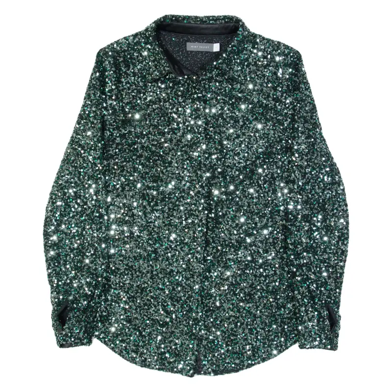 MINT VELVET Sequins Womens Shirt Green Collared Long Sleeve UK 10