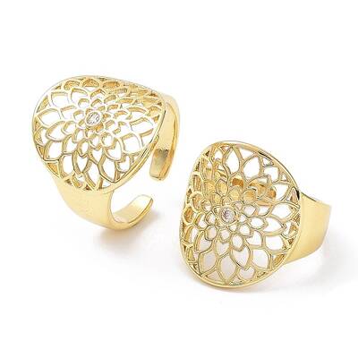 Rack Plating Brass Hollow Flower Open Cuff Ring with Cubic Zirconia