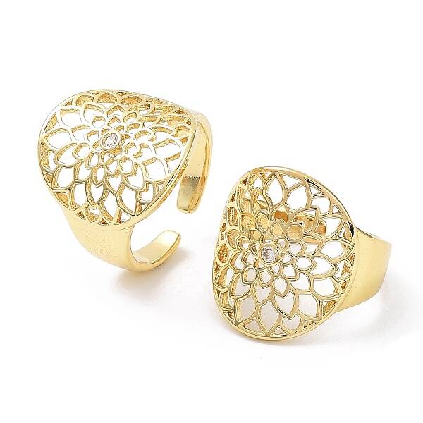 Rack Plating Brass Hollow Flower Open Cuff Ring with Cubic Zirconia