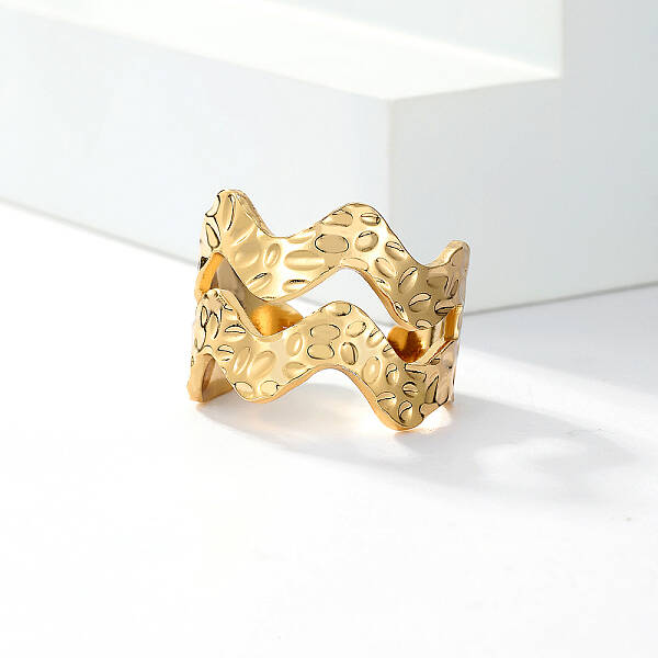 Stainless Steel Geometric Wave Open Cuff Ring for Women