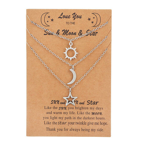 3Pcs 3 Styles Stainless Steel Sun/Moon/Star Pendant Cable Chain Couple Necklaces for Women Men