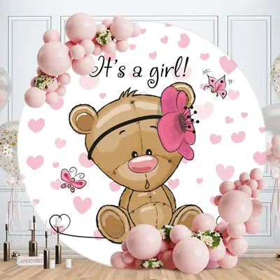 Aperturee Its A Girl Round Pink Bear Baby Shower Backdrop