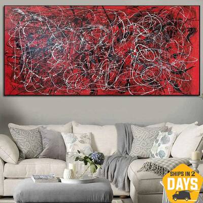 Jackson Pollock Style Paintings On Red Urban Art Modern Handmade Wall Decor for Home | SCARLET DREAMS 40"x80"