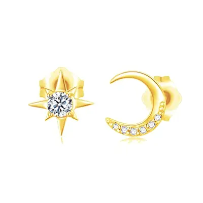 14K Gold Cubic Zirconia Moon & Star Stud Earrings