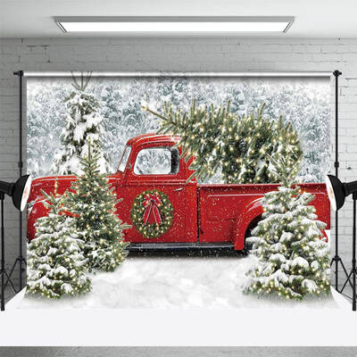 Glitter Xmas Tree Red Truck Snowy Winter Backdrop - Aperturee