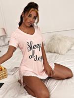Women's Letter Print Contrast Lace Split Hem Nightdress Pj, Summer Clothes Women Deep V Neck Short Sleeve Nightgown Nighties ...