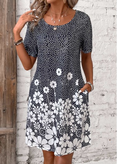 Modlily Black Pocket Floral Print Short Round Neck Dress - XL