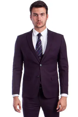 Burgundy Men's Skinny Fit Vested Suit - Two Button Style