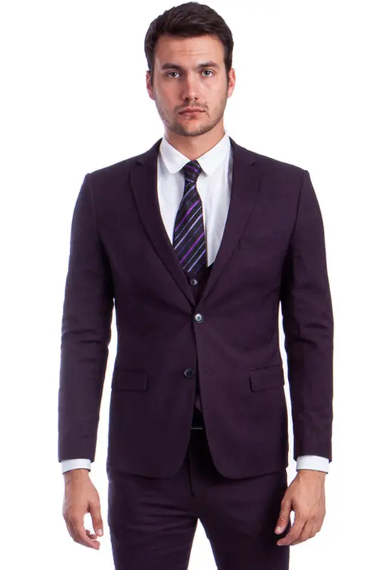 Burgundy Men's Skinny Fit Vested Suit - Two Button Style
