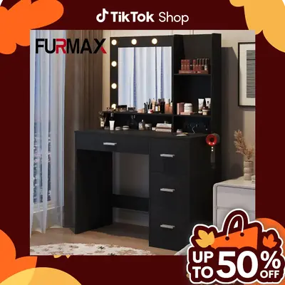 FURMAX Vanity Desk with Lights and Mirror Makeup Vanity Table Set with Drawer and Power Outlet