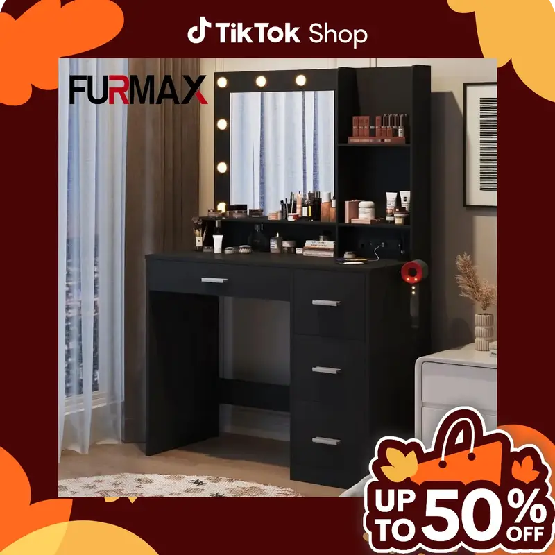 FURMAX Vanity Desk with Lights and Mirror Makeup Vanity Table Set with Drawer and Power Outlet