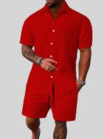 Men's Solid Short Sleeve Polo Shirt & Shorts Jacquard Knits Set, Regular Fit Casual Comfy Button Front Top & Shorts for Summ...