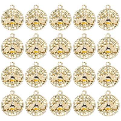 20 Pcs Flat Round with Bee Alloy Insect Charms for Jewelry Earring Making Crafts