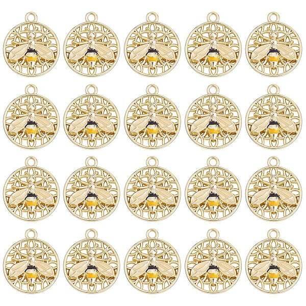 20 Pcs Flat Round with Bee Alloy Insect Charms for Jewelry Earring Making Crafts