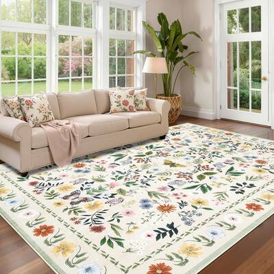 Garvee Vintage Floral Area Rug 9x12 - Washable, Non-Shedding - Faux Wool Low Pile - Anti-Skid, Stain Resistant - Beige - Livi...