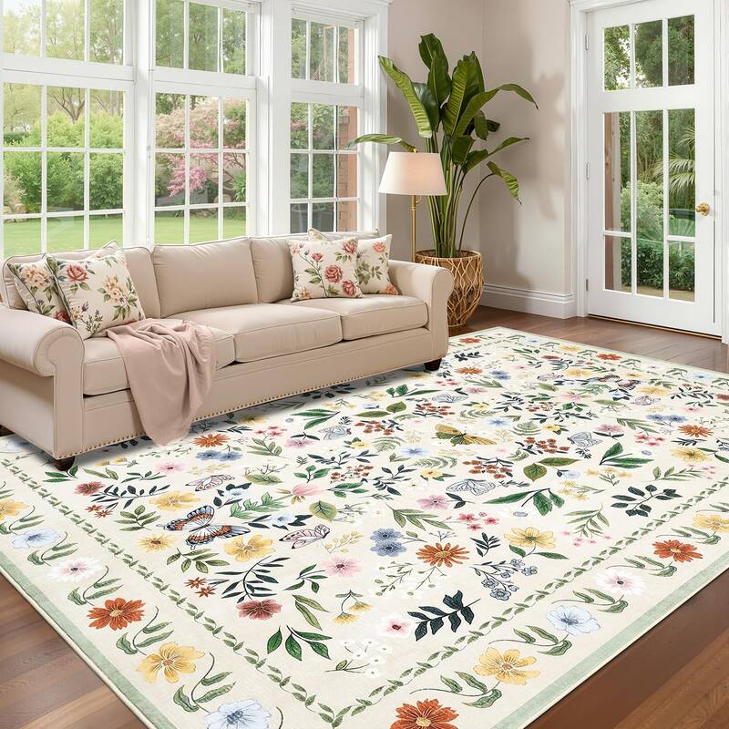 Garvee Vintage Floral Area Rug 9x12 - Washable, Non-Shedding - Faux Wool Low Pile - Anti-Skid, Stain Resistant - Beige - Livi...