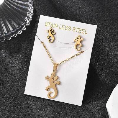 Gecko 201 Stainless Steel Pendant Necklaces & Stud Earrings Sets for Women