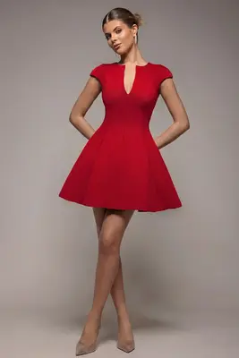 Goddiva Cap Sleeve Plunging V-Neckline Skater Mini Dress - Red