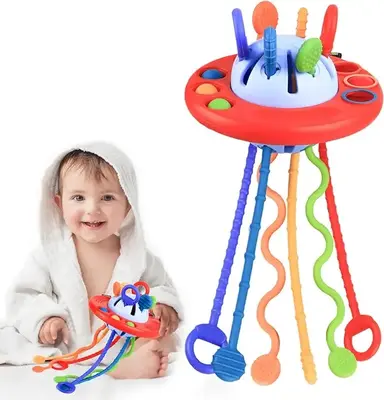 Sensory Toys for Toddlers,UFO Food Grade Silicone Pull String Activity Toy,Travel Toys for Baby,Baby Toys for 18M+ Boys and G...