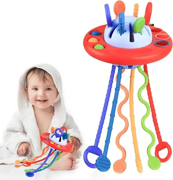 Sensory Toys for Toddlers,UFO Food Grade Silicone Pull String Activity Toy,Travel Toys for Baby,Baby Toys for 18M+ Boys and G...