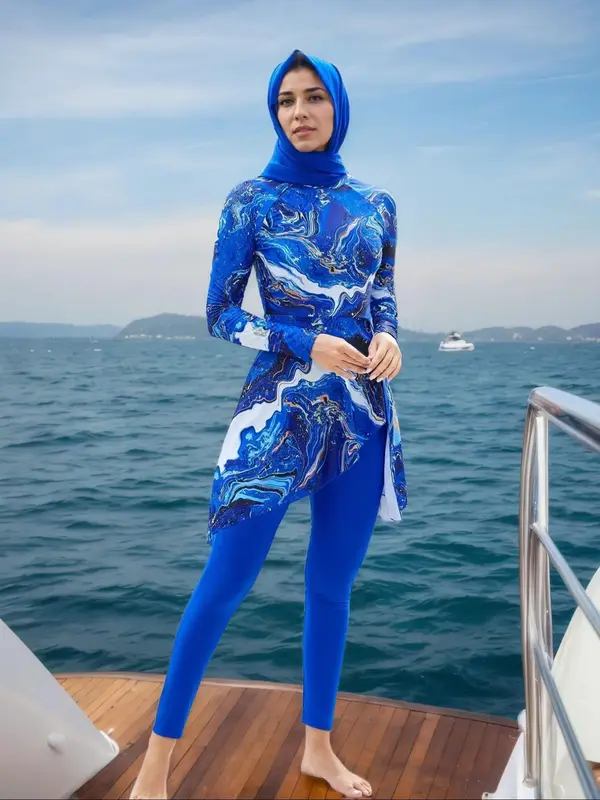 Women's Marble Print Long Sleeve Swim Top & Hijab  & Swim Pants Set, Modest Casual Swimsuit for Beach Holiday Vacation, Ladie...