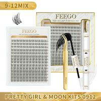 Pretty Girl & Moon Kits 0912:FEEGO Natural Lash Extension Kit 168pcs Lash Clusters Kit Wispy Eyelash Extensions 9-12MM Indivi...
