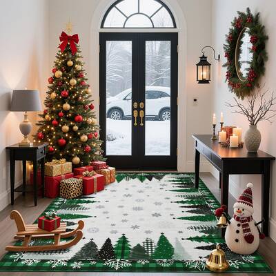 Garvee Christmas Tree Pattern Green 5x7 Rug - Washable Non-Slip & Stain Resistant Low Pile for Hallway, Entryway & Festive B...