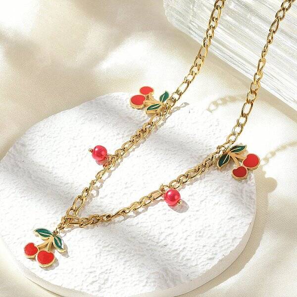 304 Stainless Steel Red Enamel Cherry and Round Plastic Pendant Necklaces for Women