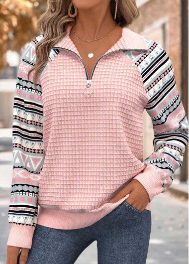 Modlily Light Pink Tummy Coverage Geometric Print Long Sleeve Sweatshirt - XXL