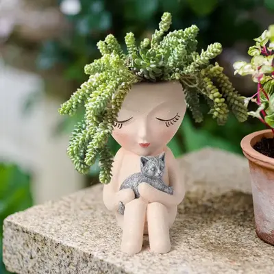 Room Decor Sitting Girl & Pet Design Desktop Vase without Plant, Creative Resin Succulent Plant Pot for Outdoor Garden Home D...