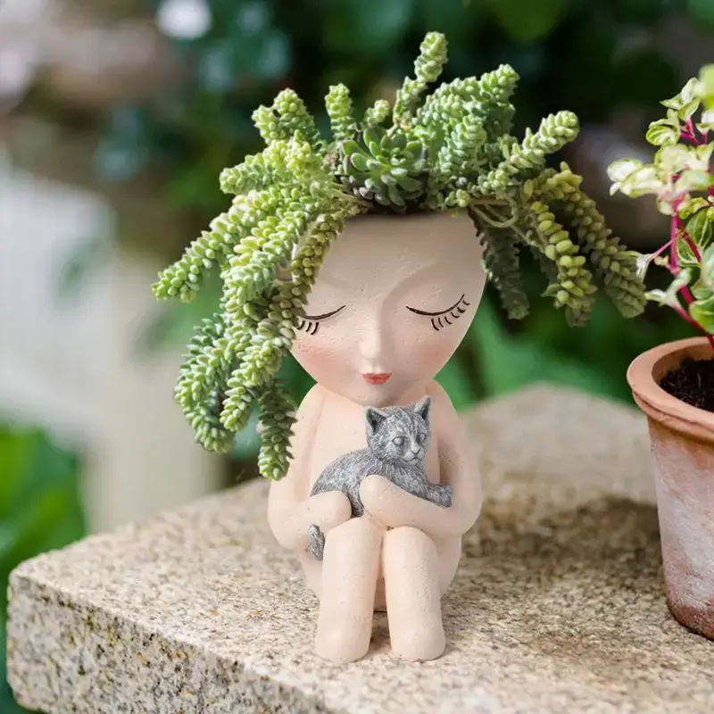 Room Decor Sitting Girl & Pet Design Desktop Vase without Plant, Creative Resin Succulent Plant Pot for Outdoor Garden Home D...