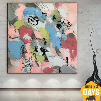 Large Abstract Oil Painting in Pink. Blue and Red Colors Modern Textured Wall Art as Hand Painted Art for Home Wall Decor | D...