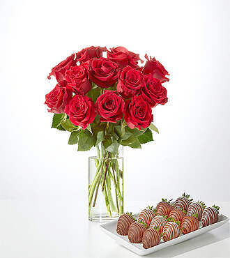 Red Rose Bouquet and Berry Bundle - 12 Roses with Berries and Glass Vase - FedEx