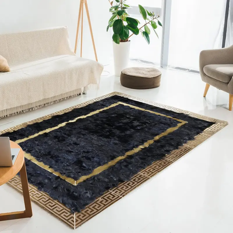 Black Tuscan Genuine Sheepskin Rug with Gold Frame