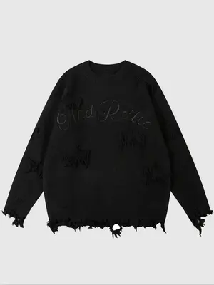 Men's Solid Letter Print Distressed Trim Sweater, Loose Casual Drop Shoulder Long Sleeve Jumper, Men Knit Top for Fall & Wint...