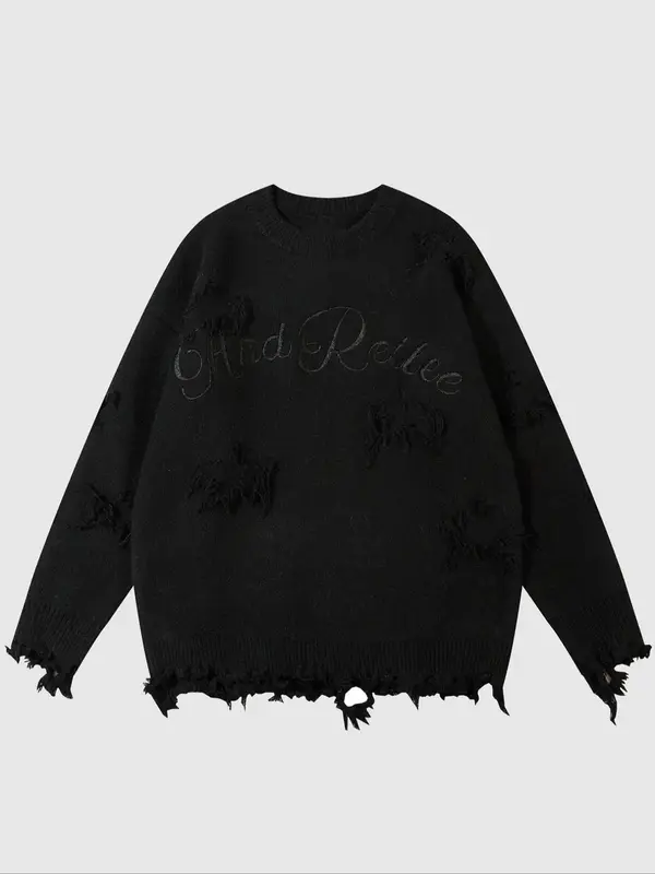 Men's Solid Letter Print Distressed Trim Sweater, Loose Casual Drop Shoulder Long Sleeve Jumper, Men Knit Top for Fall & Wint...