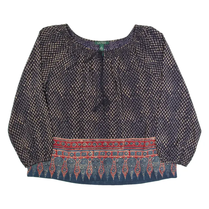 LAUREN RALPH LAUREN Womens Printed Blouse Black Long Sleeve Crazy Pattern XL
