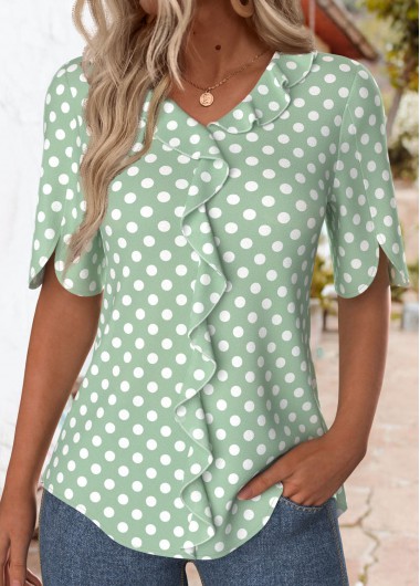 Modlily Green Ruffle Polka Dot Short Sleeve T Shirt - XL