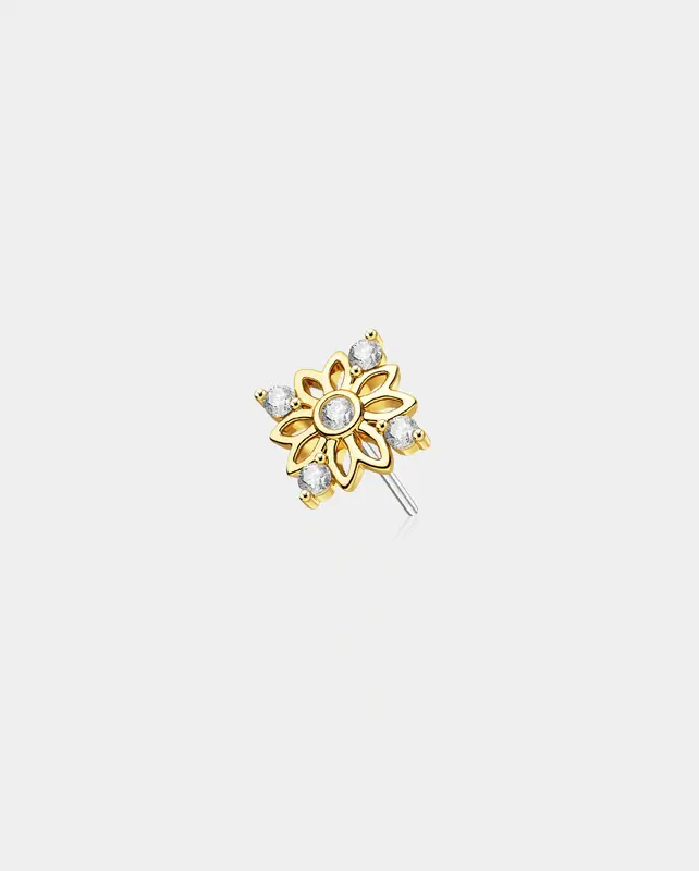 14K Gold Symmetric CZ Flower Threadless Cartilage Stud - 14K Top Only / Top Only