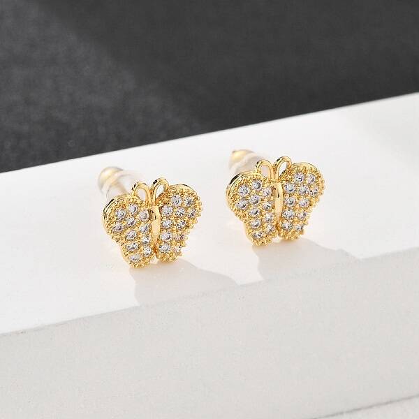 Butterfly Brass Micro Pave Cubic Zirconia Stud Earrings