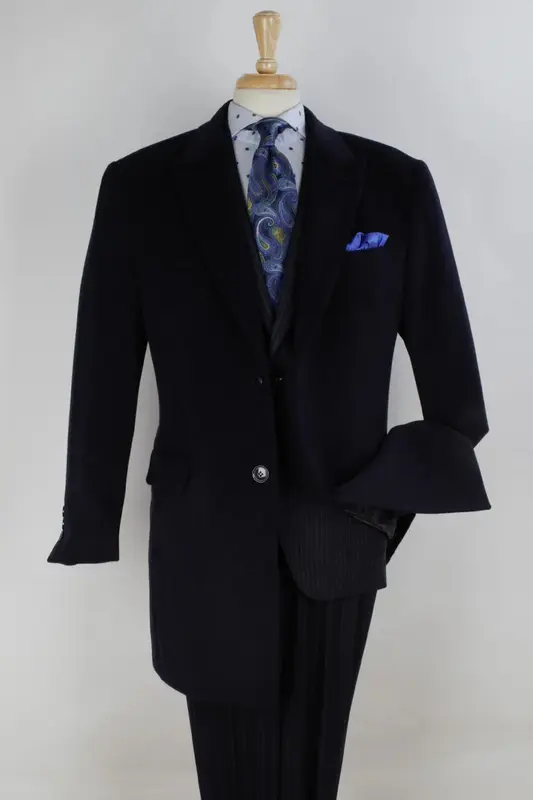 Navy Wool Car Coat for Men - 2 Button, Peak Lapel, Three Quarter Length