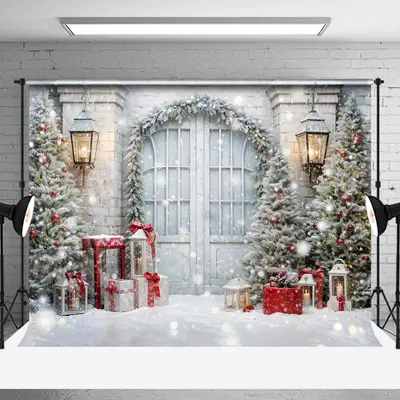 Aperturee Trees Gift Snowy Retro White Door Christmas Backdrop - Aperturee